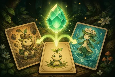 Original illustration of an Evolution Gem branching one creature card into rock and water forms