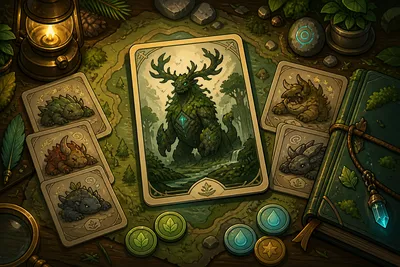 Original scout-desk illustration with a rare guardian card, route map, and collection tokens