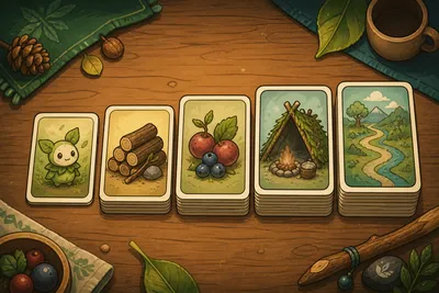 Original card-table illustration of a Stackmon beginner route from gathering to exploration