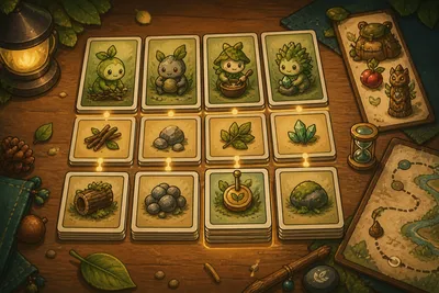 Original card-table illustration of organized Stackmon workers, locked stacks, a backpack, and a route map