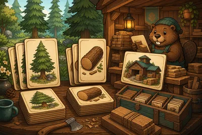 Original card workshop illustration showing trees, logs, storage, and a Lumber House