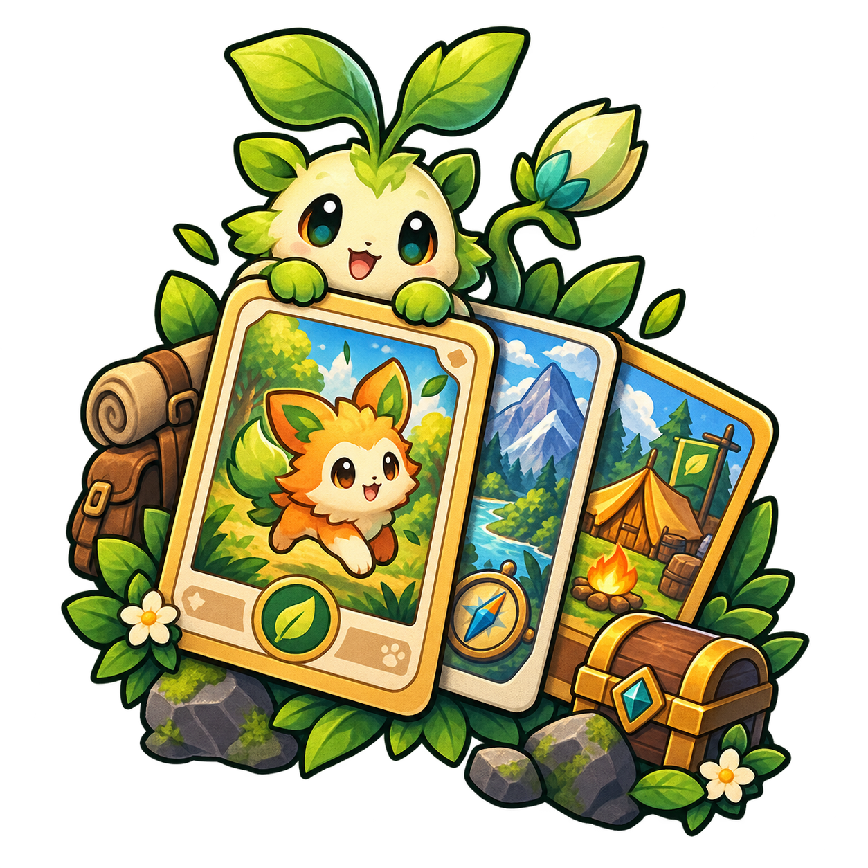 Original Stackmon Guide emblem with stacked cards, a campsite, and a sprout creature