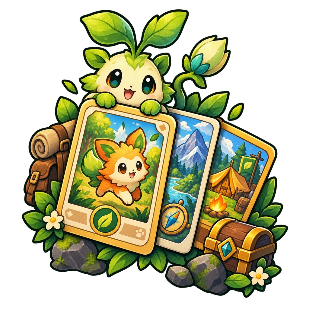 Original Stackmon Guide emblem with stacked cards, a campsite, and a sprout creature